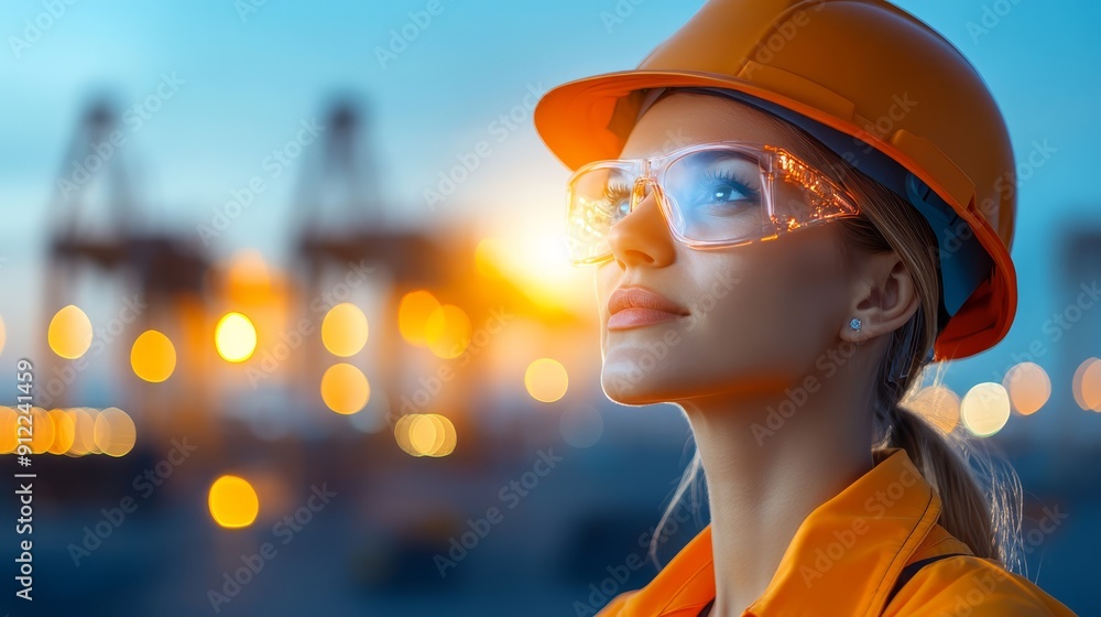 Female Engineer at Industrial Site During Sunset Female Engineer at Industrial Site During Sunset