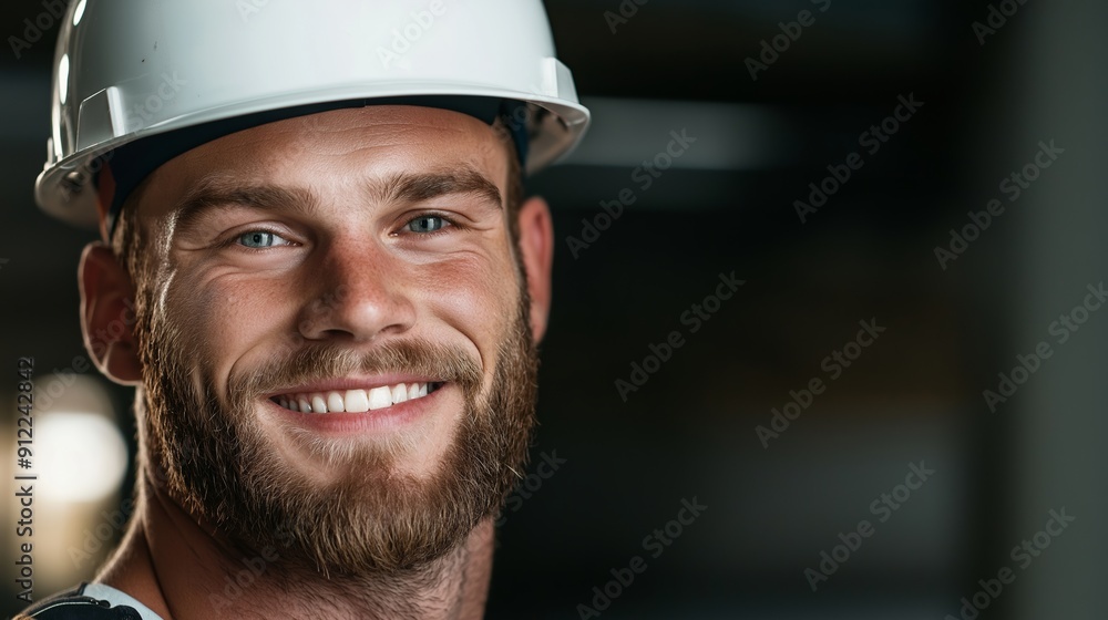 A man with a white hard hat and a beard is smiling. He is wearing a white hard hat and a blue shirt A man with a white hard hat and a beard is smiling. He is wearing a white hard hat and a blue shirt
