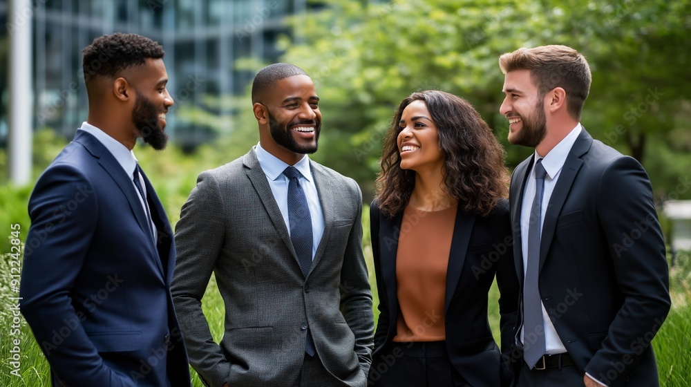 Four men and women in suits are smiling and standing together. They appear to be happy and friendly Four men and women in suits are smiling and standing together. They appear to be happy and friendly