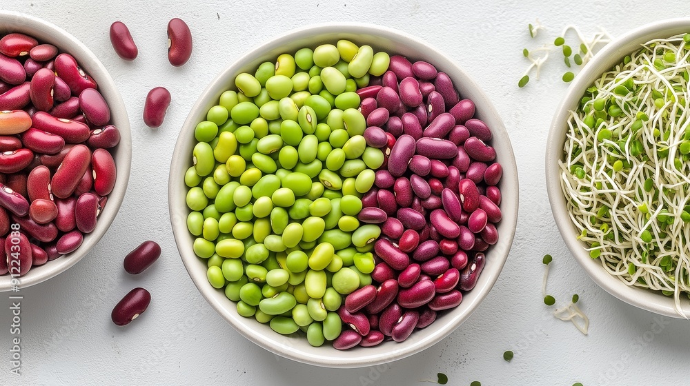 Three bowls of different colored beans and sprouts are arranged on a white background. The bowls are placed next to each other, creating a visually appealing and colorful display Three bowls of different colored beans and sprouts are arranged on a white background. The bowls are placed next to each other, creating a visually appealing and colorful display