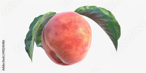 A fresh peach with a green leaf on a clean white surface