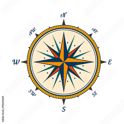 Vintage marine wind rose, nautical chart. Colorful navigational compass with cardinal directions of North, East, South, West. Geographical position, cartography and navigation. Vector illustration