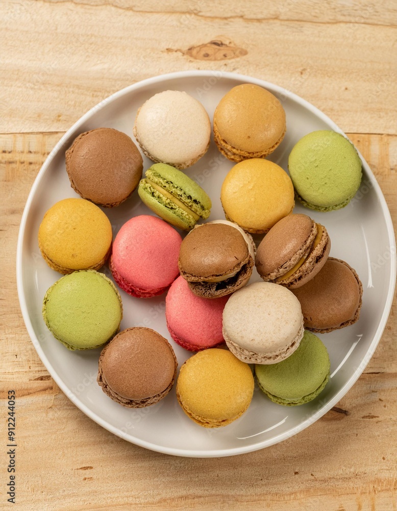 Macarons de colores en un plato, primer plano, dulces Macarons de colores en un plato, primer plano, dulces