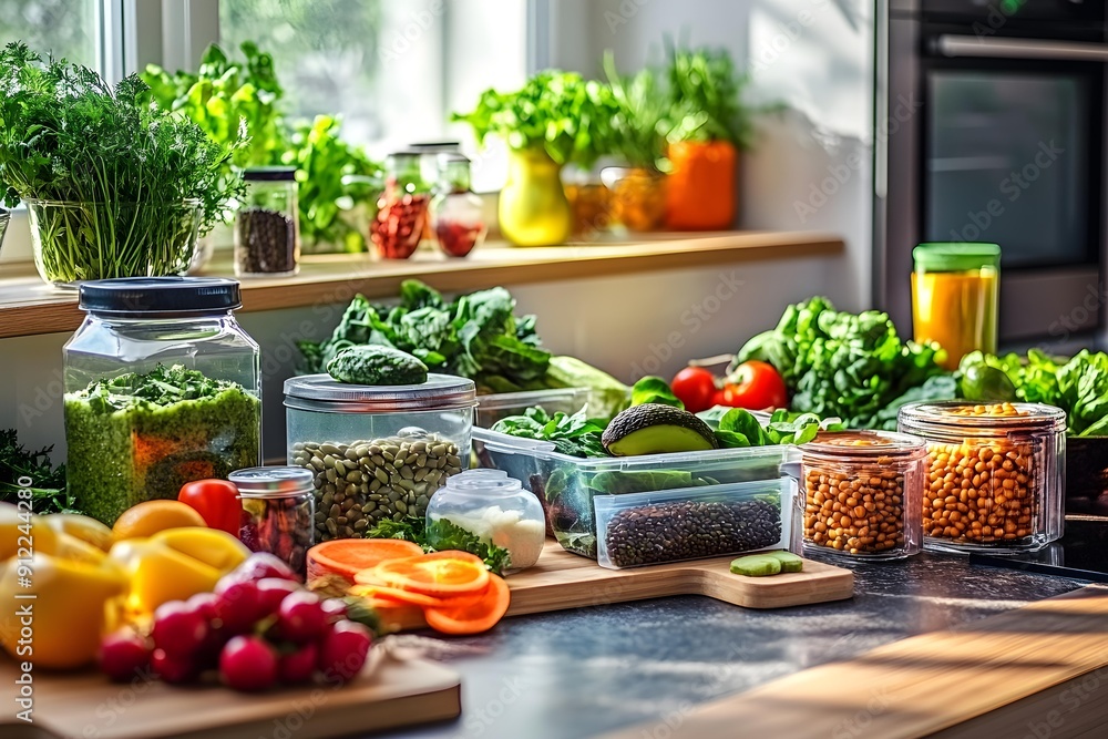 A vibrant kitchen setup displays a nutritious meal prep scene with fresh fruits, vegetables, greens, avocado, and health supplements, emphasizing healthy eating habits A vibrant kitchen setup displays a nutritious meal prep scene with fresh fruits, vegetables, greens, avocado, and health supplements, emphasizing healthy eating habits