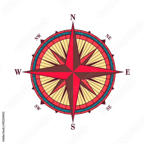 Vintage marine wind rose, nautical chart. Colorful navigational compass with cardinal directions of North, East, South, West. Geographical position, cartography and navigation. Vector illustration