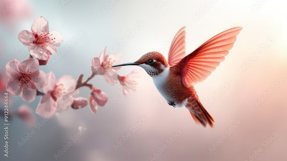 Fototapeta premium Hummingbird Hovering Near Pink Cherry Blossoms