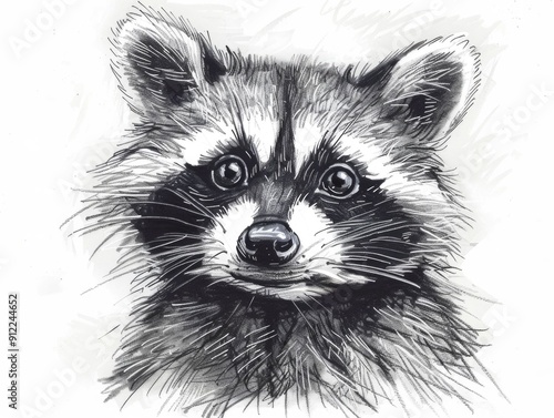 A whimsical black and white showcasing a curious and playful raccoon with detailed facial features and expressions The raccoon is depicted in a minimalist contemporary style using line art