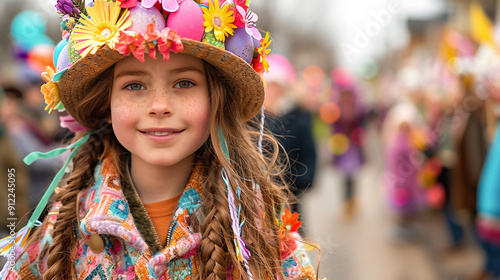 Easter parade with people dressed in bunny costumes. Participants adorned in festive vivid costumes and decorated hats photo