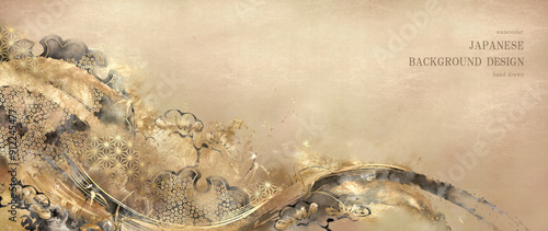金箔と墨をあしらった和柄と筆書きの和風背景/ベクター、年賀状、ビジネス、日本画、手描き