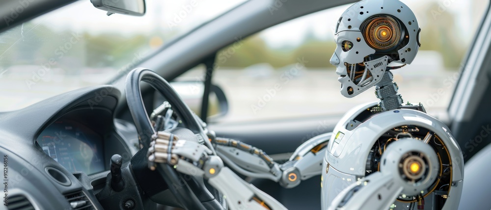 Robotic driver operating a car autonomously on a sunny day, demonstrating advanced AI in automotive technology. Robotic driver operating a car autonomously on a sunny day, demonstrating advanced AI in automotive technology.