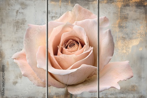 A rose is depicted in a three-panel painting photo