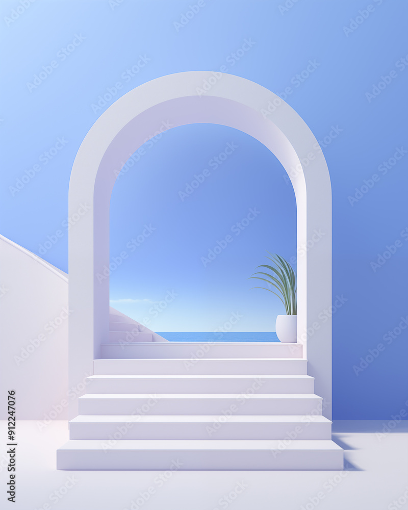 White arch window in a clear blue sky with clouds, symbol White arch window in a clear blue sky with clouds, symbol