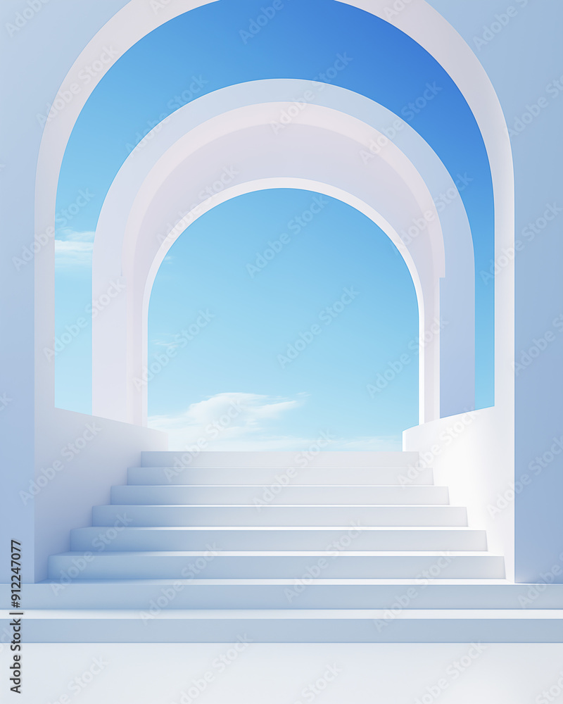 White arch window in a clear blue sky with clouds, symbol White arch window in a clear blue sky with clouds, symbol