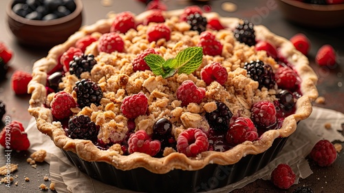 A pie dish filled with a colorful medley of fresh berries and a crumble topping. 