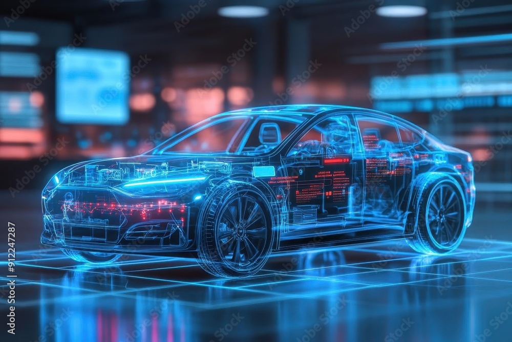 3D hologram of global electric vehicle market share statistics in a hightech business conference, Digital, Holographic 3D hologram of global electric vehicle market share statistics in a hightech business conference, Digital, Holographic