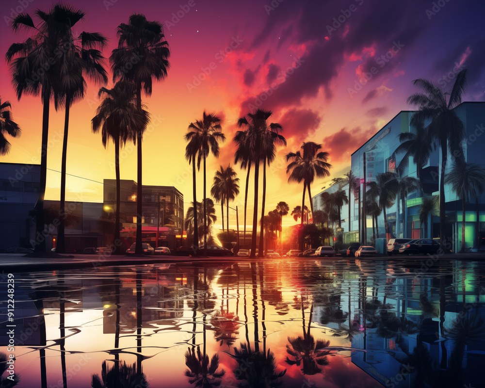 Obraz premium Image of a city decorated with tropical palm trees.