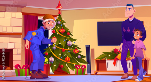 Father and teen son catch male robber red-handed in living room on Christmas. Cartoon vector man criminal in uniform and Santa hat take push pins out of clothes, angry and confused house owners.