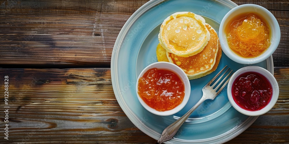 Top view of white bowls with orange marmalade condensed milk and cherry jam served alongside cottage cheese pancakes on a light blue plate with a fork on a brown wooden table Top view of white bowls with orange marmalade condensed milk and cherry jam served alongside cottage cheese pancakes on a light blue plate with a fork on a brown wooden table