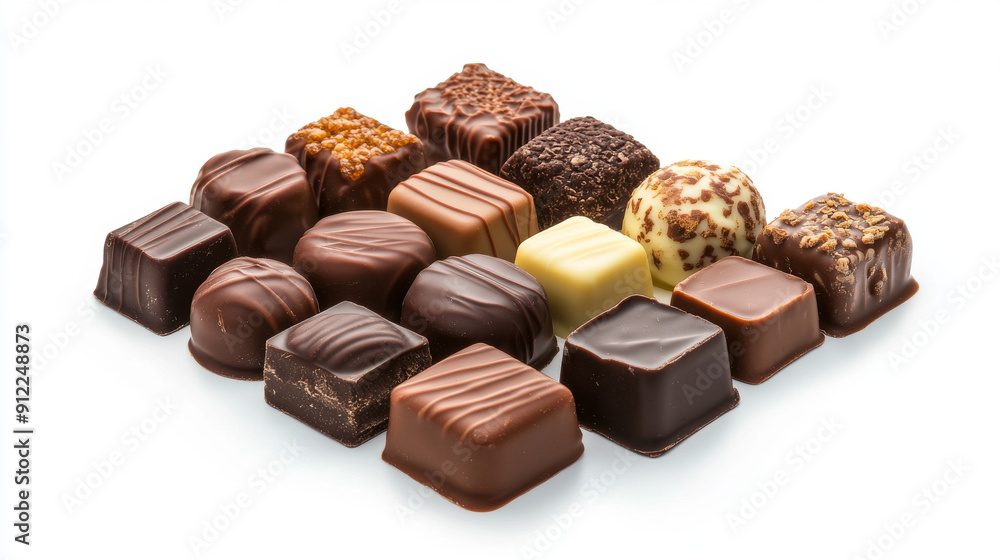 Indulge in a luxurious chocolate assortment, with various fillings to satisfy your sweet cravings. This exquisite treat is isolated on a background for your viewing pleasure. Indulge in a luxurious chocolate assortment, with various fillings to satisfy your sweet cravings. This exquisite treat is isolated on a background for your viewing pleasure.