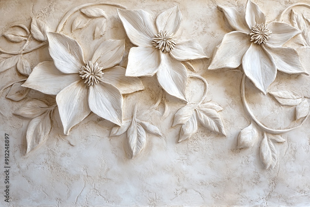 A white flower wall with three flowers and leaves A white flower wall with three flowers and leaves