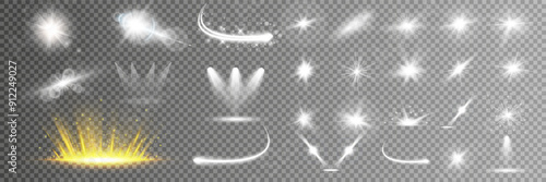 Light effect set. Glow isolated white transparent light effect set, lens flare, explosion, glitter, dust, line, sun flash, spark and stars, spotlight, curve twirl. Sunlight, abstract special effect.