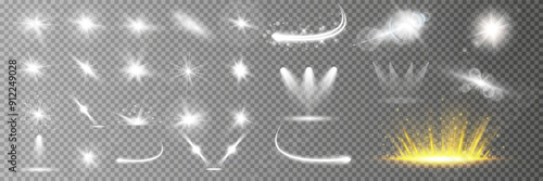 Scene illumination collection, transparent effects. Bright lighting with spotlights.