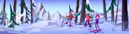 Scared and confused teen kids in ski outfit meet bigfoot in forest on snowy mountain. Cartoon vector illustration of white fur hairy sasquatch walking in woodland on hill. Winter hill landscape.