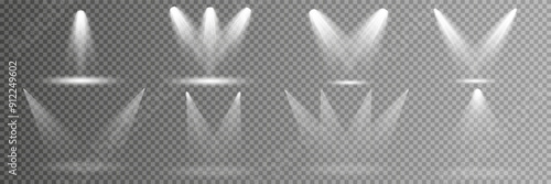 Scene illumination collection, transparent effects. Bright lighting with spotlights.