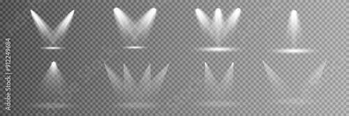 Scene illumination collection, transparent effects. Bright lighting with spotlights.