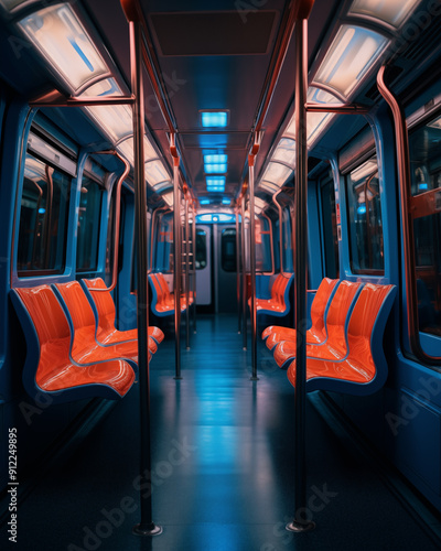 Interior of a city tram with empty seats