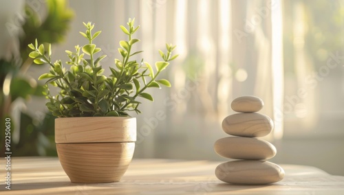 wooden planters with green plants and stones stacked on top of each other