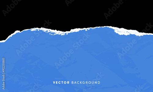 Textured torn paper vector background. Horizontal blue ripped sheet of paper on black background for banner, decoration, design template.