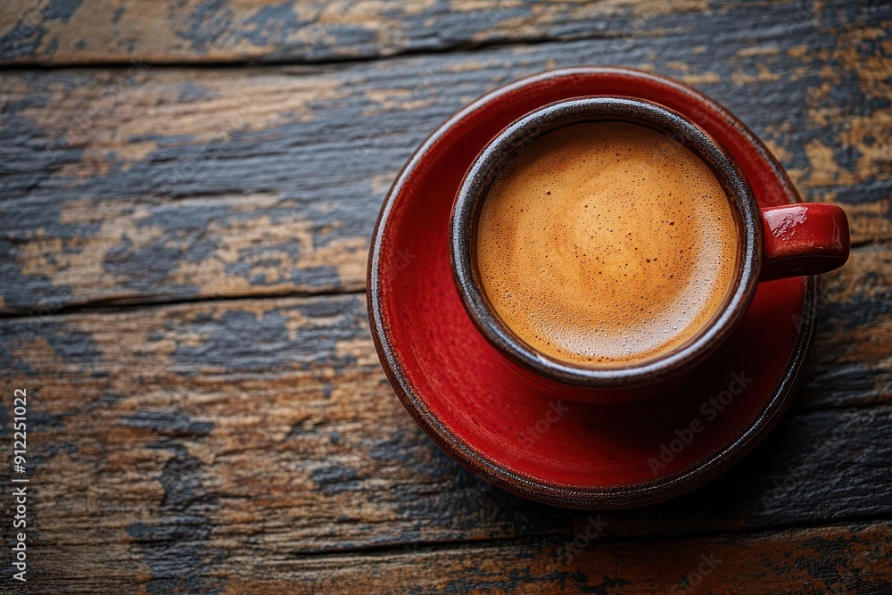 artisanal coffee still life rich red ceramic cup viewed from above aromatic espresso swirls within warm directional lighting highlights textures on rustic wooden table artisanal coffee still life rich red ceramic cup viewed from above aromatic espresso swirls within warm directional lighting highlights textures on rustic wooden table