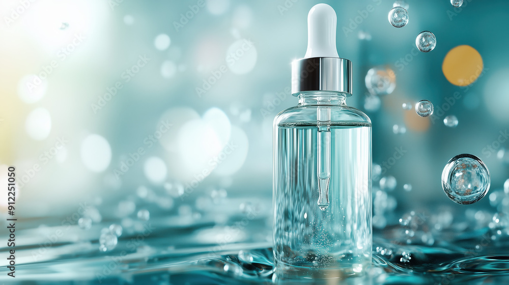 A Refreshing Underwater Scene Featuring a Hydrating Serum Bottle with Bubbles A Refreshing Underwater Scene Featuring a Hydrating Serum Bottle with Bubbles
