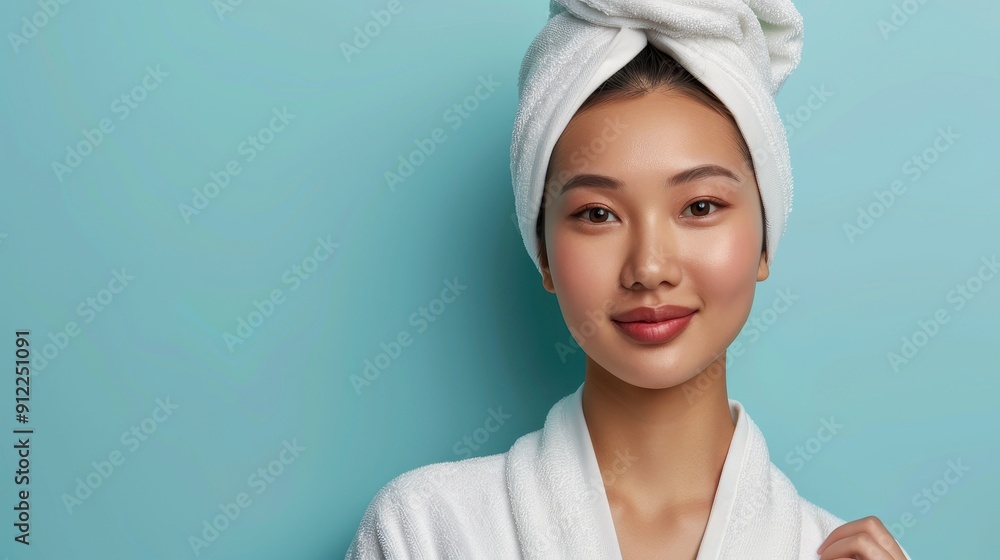 Asian beautiful woman with a white towel drying her hair after morning shower,happy lady in bathrobe on color studio background,spa day on vacation or weekend,copy space. Asian beautiful woman with a white towel drying her hair after morning shower,happy lady in bathrobe on color studio background,spa day on vacation or weekend,copy space.