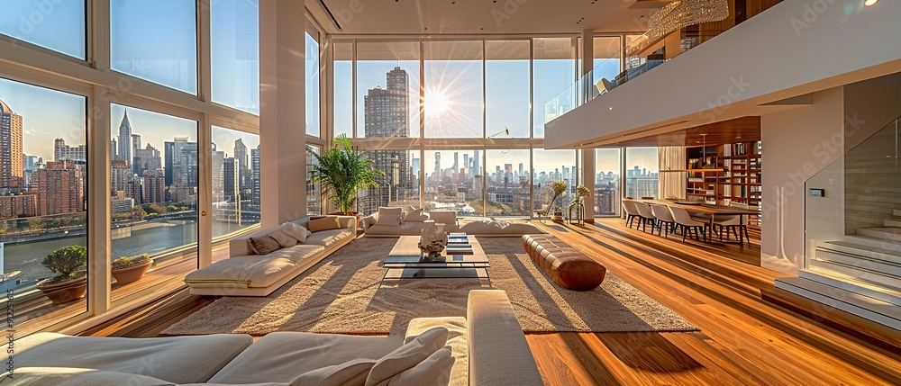 Fototapeta premium A large, open living room with a view of the city