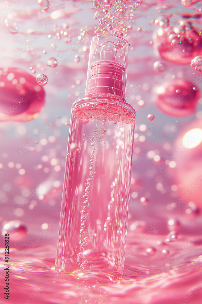 Underwater Hydrating Serum Bottle with Rising Bubbles in Pink Water for Skincare and Beauty Underwater Hydrating Serum Bottle with Rising Bubbles in Pink Water for Skincare and Beauty