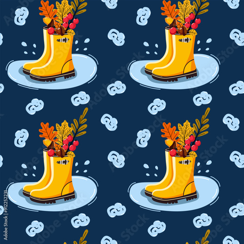 Seamless pattern of autumn elements. boots, leaves, acorns, rowan, rain, drops, cloud, vector, for fabric, packaging, stationery