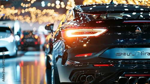 Close up of New car display in luxury showroom with light bokeh in motor show event in hall. Ai Footage.