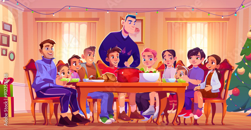 Big family having holiday dinner on Christmas. Cartoon vector illustration of man and woman, children and teenagers sitting at table and eating dishes in home room interior with decorated Xmas tree.