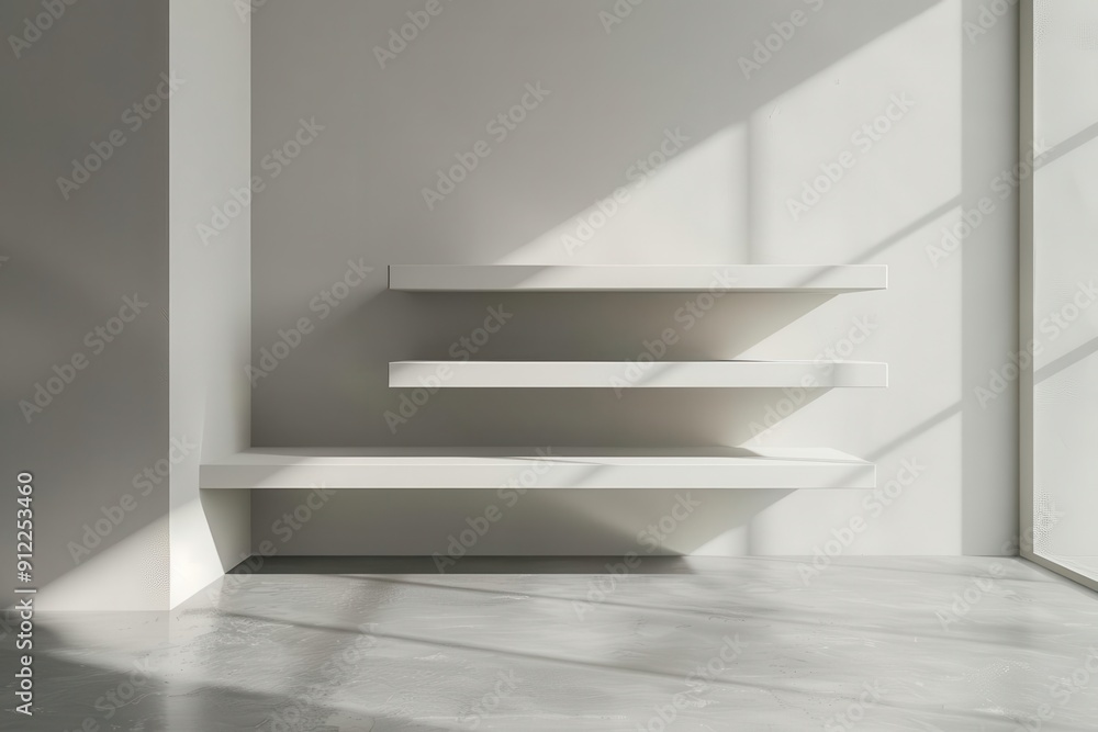 Fototapeta premium minimalist white shelving unit floating on a matte gray wall casting subtle shadows clean lines and empty space create a serene modern aesthetic
