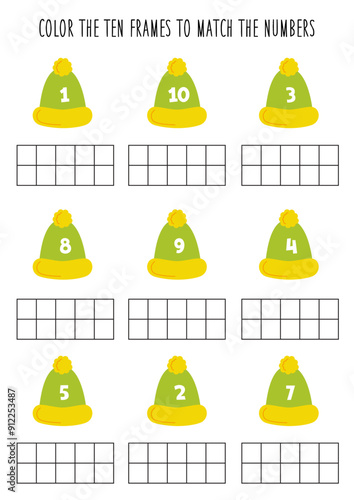 Color ten frames according to the number on green winter caps. Math worksheet for kids. photo