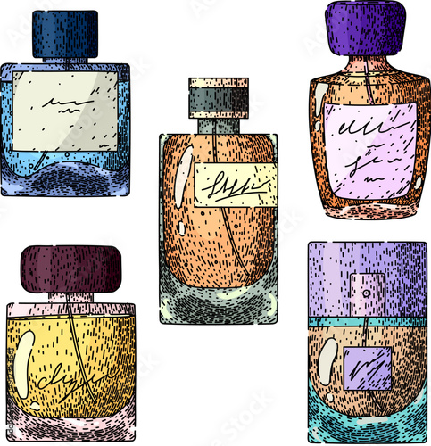 perfum bottle male set hand drawn. scent aroma, musk spray, notes luxury perfum bottle male vector sketch. isolated color illustration