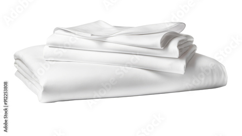 Stack of clean bed sheets on white background
