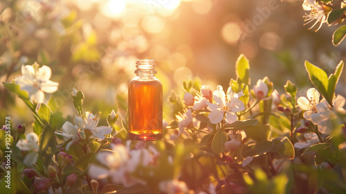 Delicate Blooming Flowers and Soft Sunlight Surrounding a Crystal Vial of Kakadu Plum Extract