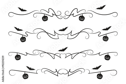 set of Halloween flourish dividers, hand-drawn fancy lines with pumpkins and Bats vine scroll page separator, decorative ornate swirls vintage menu Wedding border holiday design element

