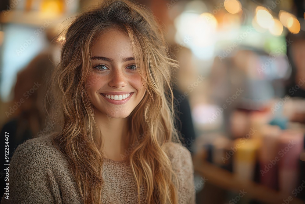 cheerful young saleswoman assisting customers in a modern retail environment warm lighting and inviting atmosphere highlight positive shopping experience cheerful young saleswoman assisting customers in a modern retail environment warm lighting and inviting atmosphere highlight positive shopping experience