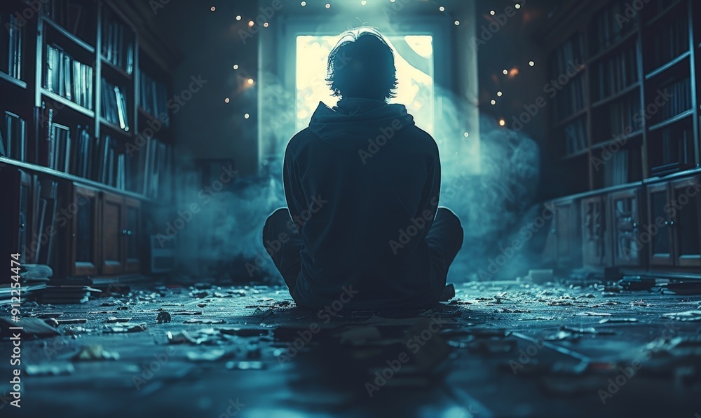 A man sitting in a dark room, feeling isolated and anxious A man sitting in a dark room, feeling isolated and anxious