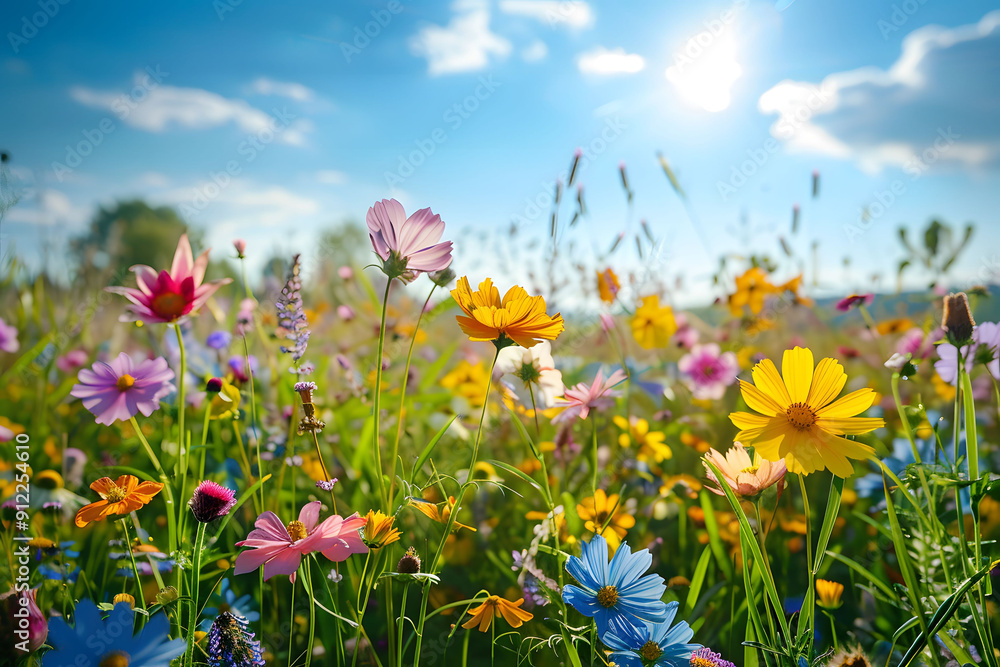Beautiful spring meadow with colorful wildflowers, blue sky, and sun shining on the field of flowers, beautiful nature background. Beautiful spring meadow with colorful wildflowers, blue sky, and sun shining on the field of flowers, beautiful nature background.
