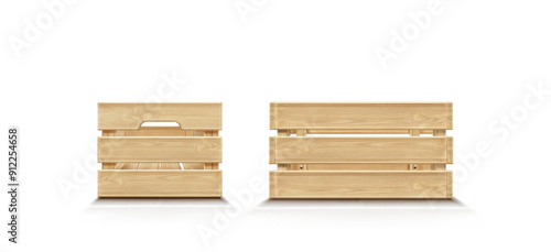 Wooden crate side view. Realistic 3d vector illustration set of box for fruits and vegetables harvest with wood texture. Empty brown case for cargo and warehouse storage. Packaging container mockup.